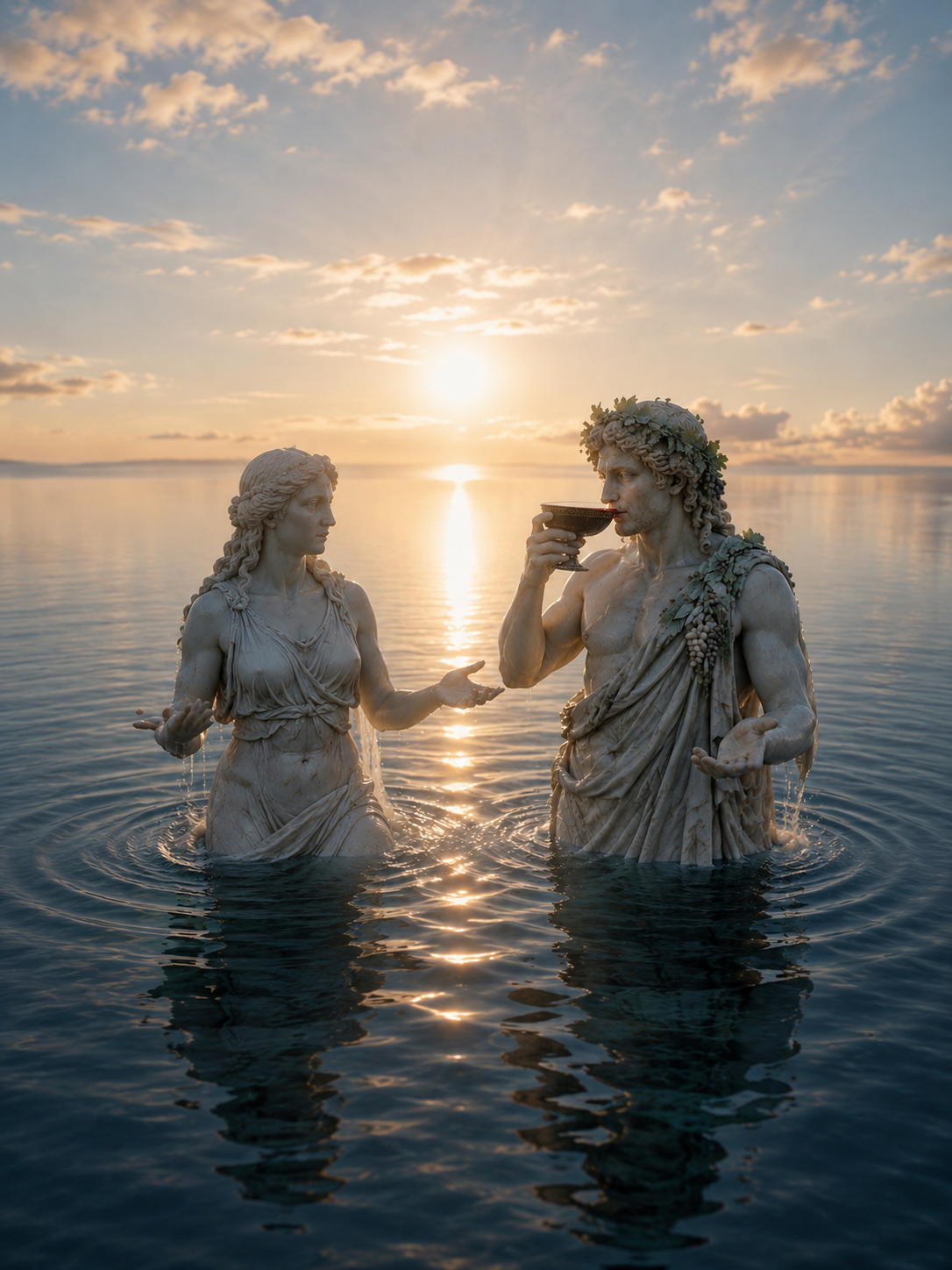 Classical figures at sunset rising from calm Cyprus waters
