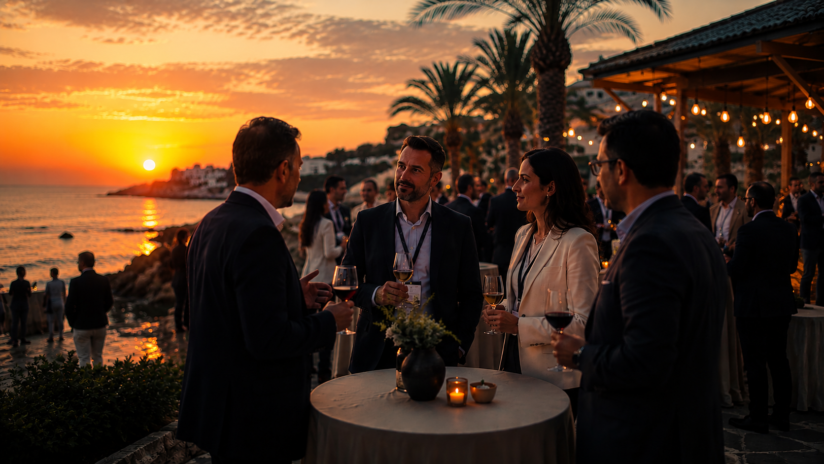 CyprusFintech.org members networking at a sunset event by the sea